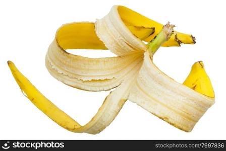 four peels of yellow banana isolated on white background
