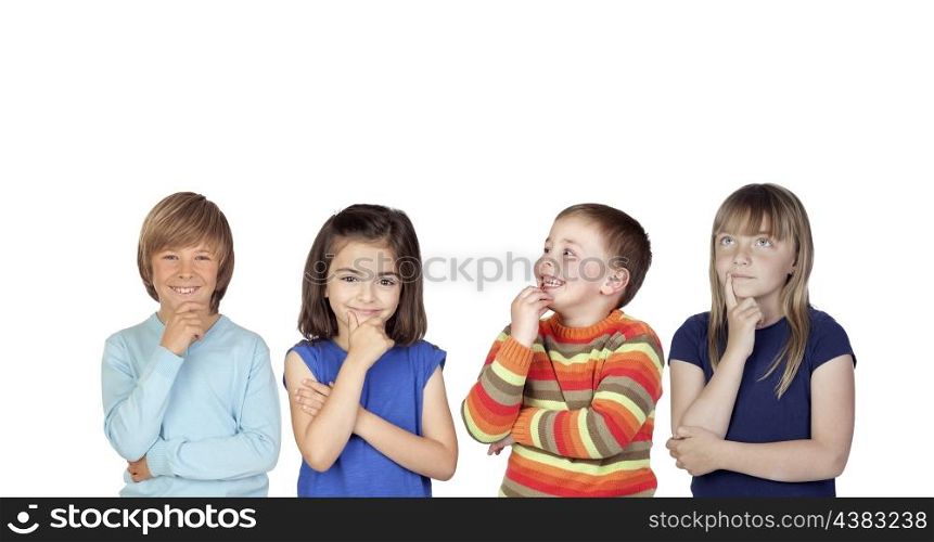 Four pensive children isolated on a white background