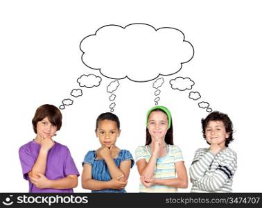 Four pensive children isolated on white background