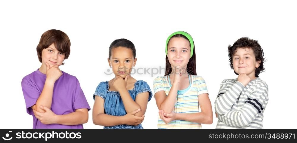 Four pensive children isolated on white background