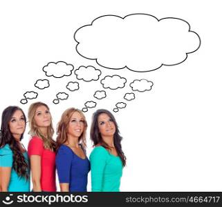 Four pensive girl isolated on a white background