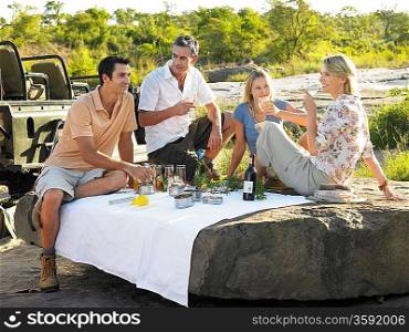 Four people having picnic on rock trees in background