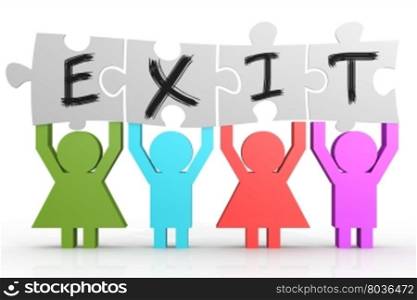 Four people hold puzzle with exit word. , 3D rendering