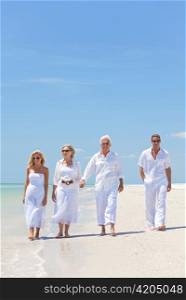 Four People, Two Seniors, Family Couples, Walking On Tropical Beach