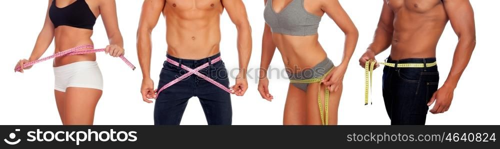 Four perfect male and female bodies with tape measure isolated on white
