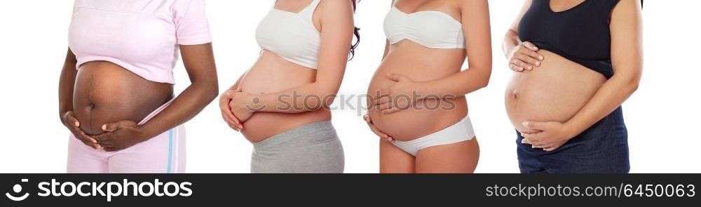 Four pregnant women showing her belly isolated on a white background