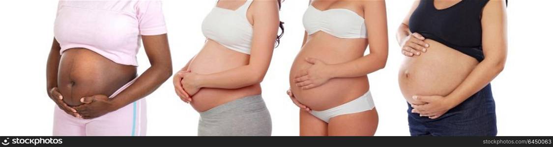 Four pregnant women showing her belly isolated on a white background