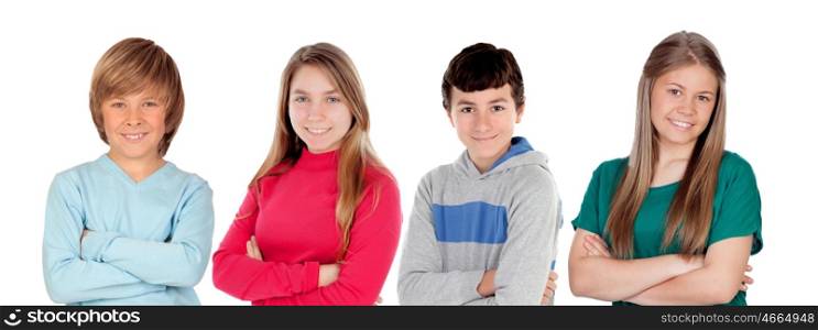 Four preteen friends isolated on a white background
