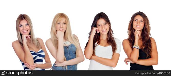 Four pretty young women thinking isolated on a white background