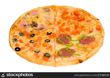 four quarters of different kinds of pizza in one, clipping path