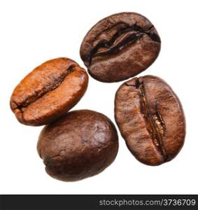 four roasted coffee beans isolated on white background