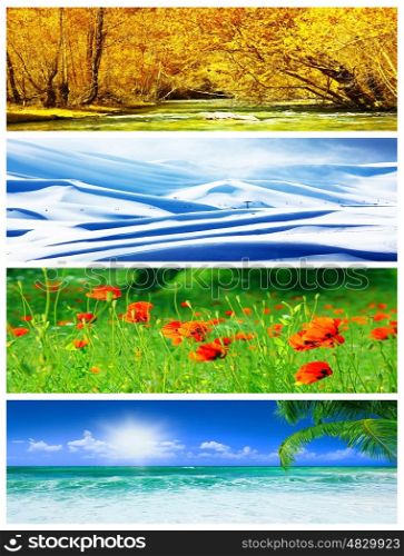 Four seasons collage, panoramic images of beautiful natural landscapes at different time of the year, autumn, winter, sprig and summer weather, planet earth life cycle concept