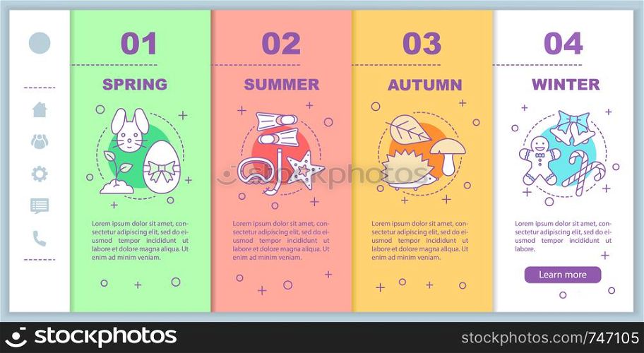 Four seasons onboarding mobile web pages vector template. Winter, autumn, spring, summer. Responsive smartphone website interface idea with linear illustrations. Webpage walkthrough step screens. Four seasons onboarding mobile web pages vector template