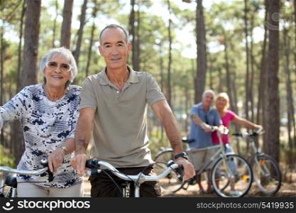 four senior people doing bike in a pine forest