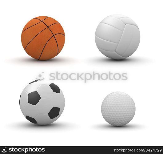 Four sport balls isolated: basketball, volleyball, football, golf (3d isolated on white background objects series)