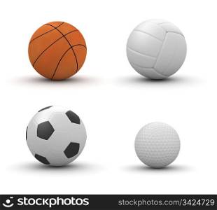 Four sport balls isolated: basketball, volleyball, football, golf (3d isolated on white background objects series)