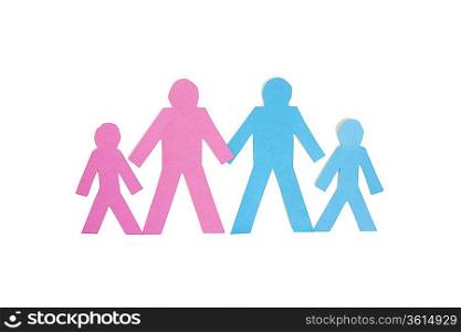 Four stick figures standing together over white background