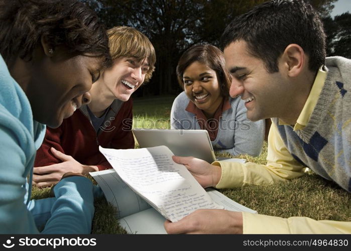 Four students studying outdoors