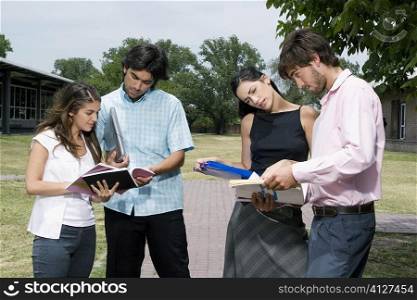 Four university students standing and discussing in a lawn