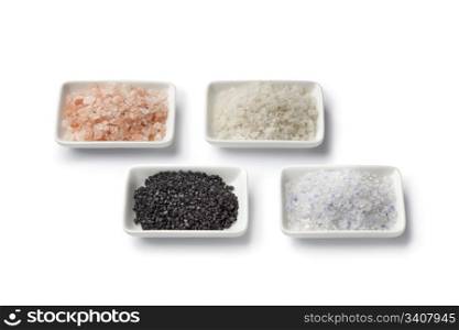 Four various types of salt in white dishes close up