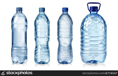 four water bottles isolated on white background