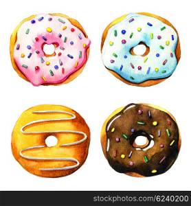 Four watercolor donut on a white background