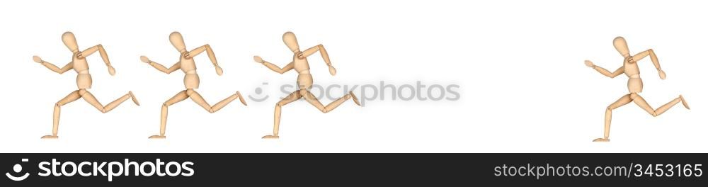 Four wooden mannequin running isolated on white background