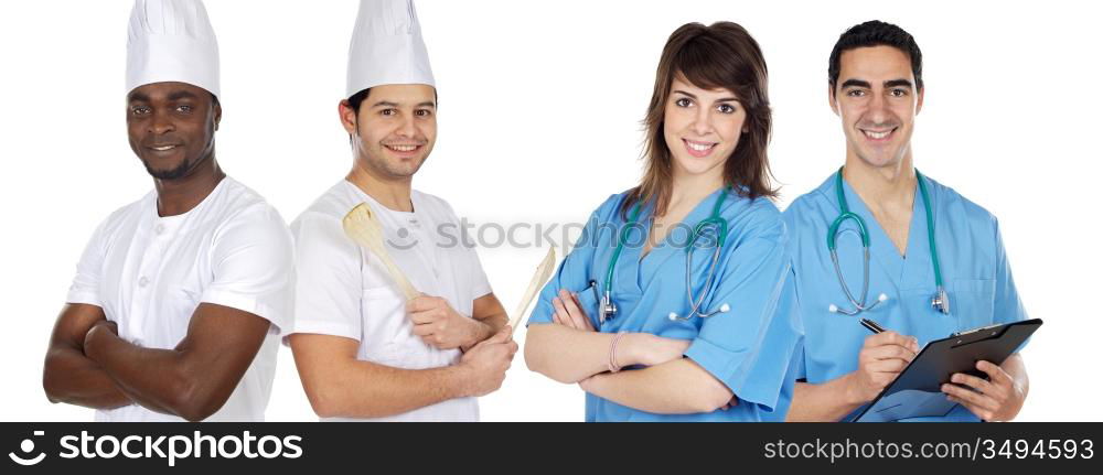 Four workers on a over white background