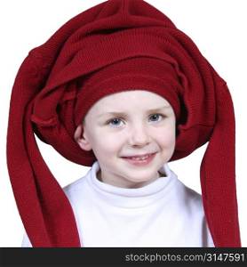 Four year old boywith red sweater stuck on his head.