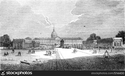 Fourth exhibition of the French industry products on the site of the hotel des Invalides in 1506, vintage engraved illustration. Magasin Pittoresque 1844.