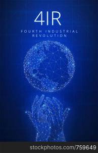 Fourth industrial revolution futuristic hud background with glowing polygon world globe, hands, blockchain peer to peer network and title 4IR. Global cryptocurrency business and finance banner concept. Fourth industrial revolution futuristic hud banner with globe and hands.