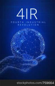 Fourth industrial revolution futuristic hud background with glowing polygon world globe in a hand, blockchain peer to peer network and title 4IR. Global cryptocurrency business finance banner concept.. Fourth industrial revolution futuristic hud banner with globe in