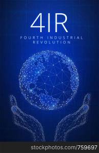 Fourth industrial revolution futuristic hud background with glowing polygon world globe in hands, blockchain peer to peer network and title 4IR. Global cryptocurrency business finance banner concept.. Fourth industrial revolution futuristic hud banner with globe in