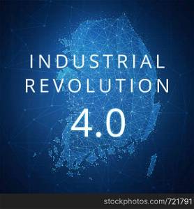 Fourth industrial revolution on futuristic hud background with South korea map and blockchain polygon peer to peer network. Industrial revolution and cryptocurrency blockchain business banner concept. Fourth industrial revolution on blockchain polygon South korea map.