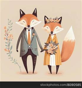 Fox bride and groom. Lovely wedding couple. Two cute animals holding hands. Just Married. Fox bride and groom. Lovely wedding couple. Just Married
