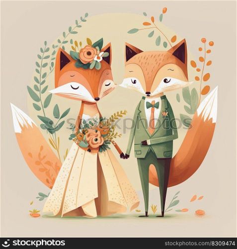 Fox bride and groom. Lovely wedding couple. Two cute animals. Just Married. Fox bride and groom. Lovely wedding couple. Just Married