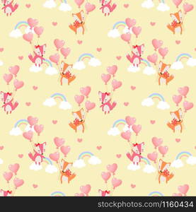 Fox couple is floating in the sky seamless pattern. Sweet Valentine concept.