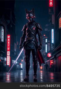 Fox cyber samurai on the japanese street image illustration