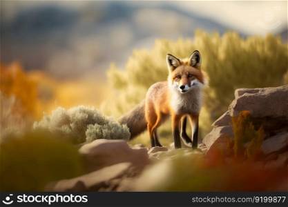 Fox in green forest. Wildlife scene from nature. Neural network AI generated art. Fox in green forest. Wildlife scene from nature. Neural network AI generated