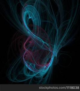 Fractal abstraction. A glowing center around which spirals and waves. Blue and Crimson, black background. Fractal abstraction. A glowing center around which spirals and waves.