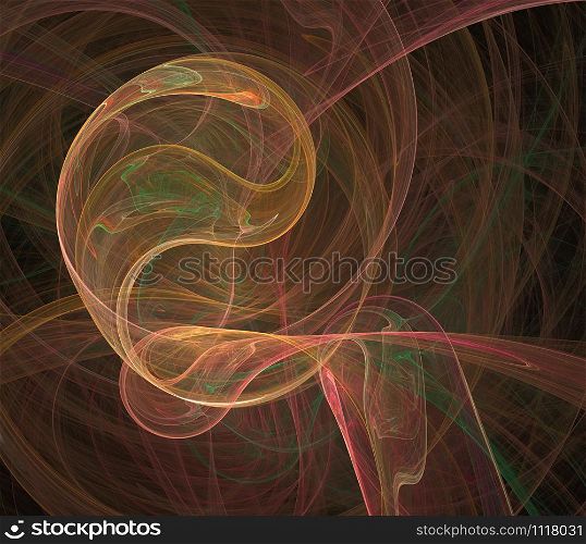 Fractal abstraction. A glowing center around which spirals and waves. Brown shades, black background. Fractal abstraction. A glowing center around which spirals and waves.
