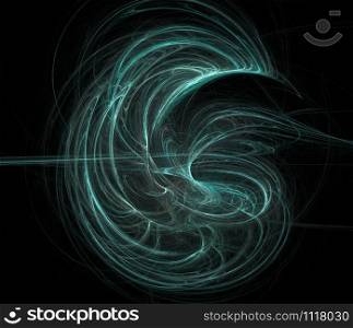 Fractal abstraction. A glowing center around which spirals and waves. Green shades, black background. Fractal abstraction. A glowing center around which spirals and waves.
