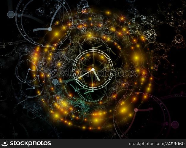 Fractal Clocks. Faces of Time series. Backdrop composed of clock dials and abstract elements for projects on science, education and modern technologies