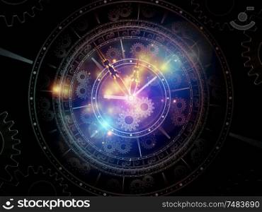 Fractals of Time. Faces of Time series. Interplay of clock dials and abstract elements related to science, education and modern technologies