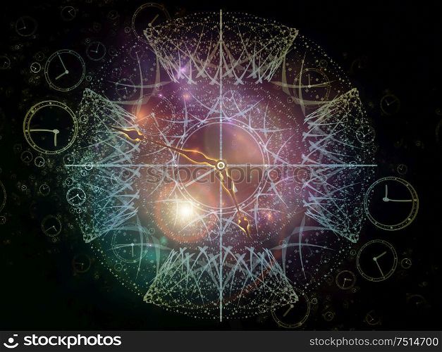 Fractals of Time. Faces of Time series. Interplay of clock dials and abstract elements related to science, education and modern technologies