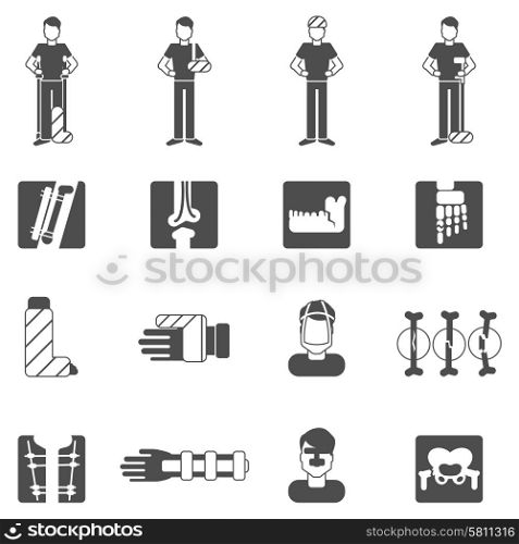 Fracture bone black icons set with human anatomy and healthcare symbols isolated vector illustration. Fracture Bone Set