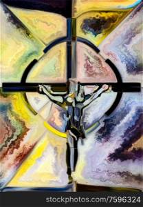 Fractured Faith. Cross of Stained Glass series. Background composition of organic church window color pattern on the subject of fragmented unity of Crucifixion of Christ and Nature