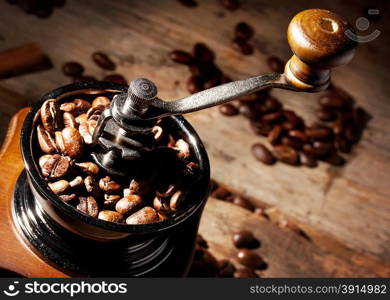 Fragment grinder with grains on a dark background