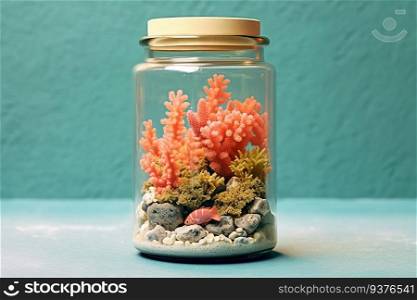 Fragment of a coral reef with a fish in water locked in a jar, generative ai