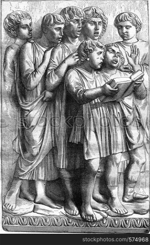 Fragment of bas-reliefs of Luca della Robbia, National Museum of Florence, The Bargello, vintage engraved illustration. Magasin Pittoresque 1880.
